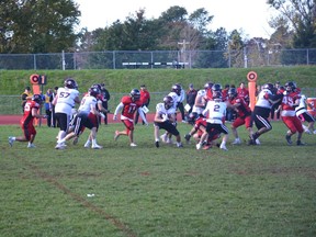 The Holland Hurricanes' Pierce Saunders, 23, of Hunter River, P.E.I., carries the ball in an Atlantic Football League regular-season game against the UNB Reds at MacAdam Field (UPEI Alumni Canada Games Place) in Charlottetown on Oct. 3. The Hurricanes will host the Reds in a semifinal game at MacAdam Field on Oct. 24 at 1 p.m. It will mark the Hurricanes' first home playoff game since 2017.