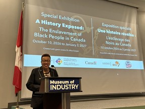 Twila Grosse, Minister of African Nova Scotian Affairs, spoke about the importance of telling the stories of enslaved black Canadians at the opening ceremony for A History Exposed: The Enslavement of Black People in Canada at the Museum of Industry in Stellarton. MATTHEW BAMBRICK
