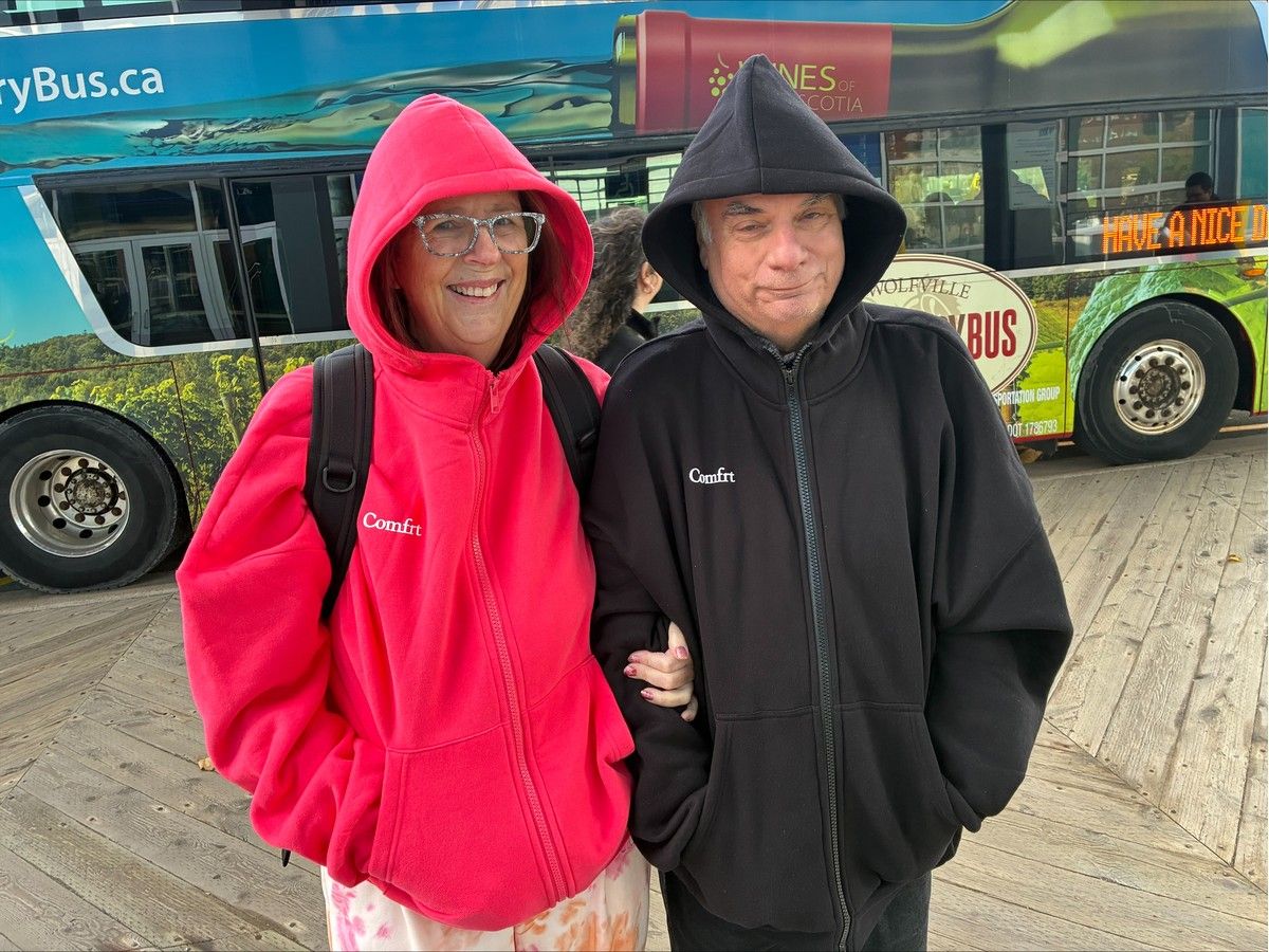 Cruise ship passengers Brenda and Jay Detwiler from Philadelphia wore their warmest hoodies for a walk around Halifax on Wednesday.