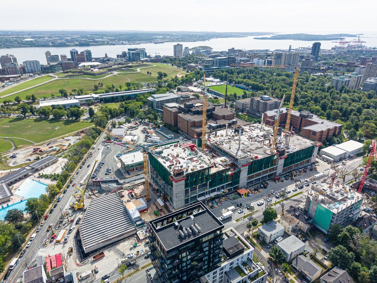 An aerial view of the construction site at the QEII Halifax Infirmary where a 14-storey tower is being constructed, set to open in 2031.