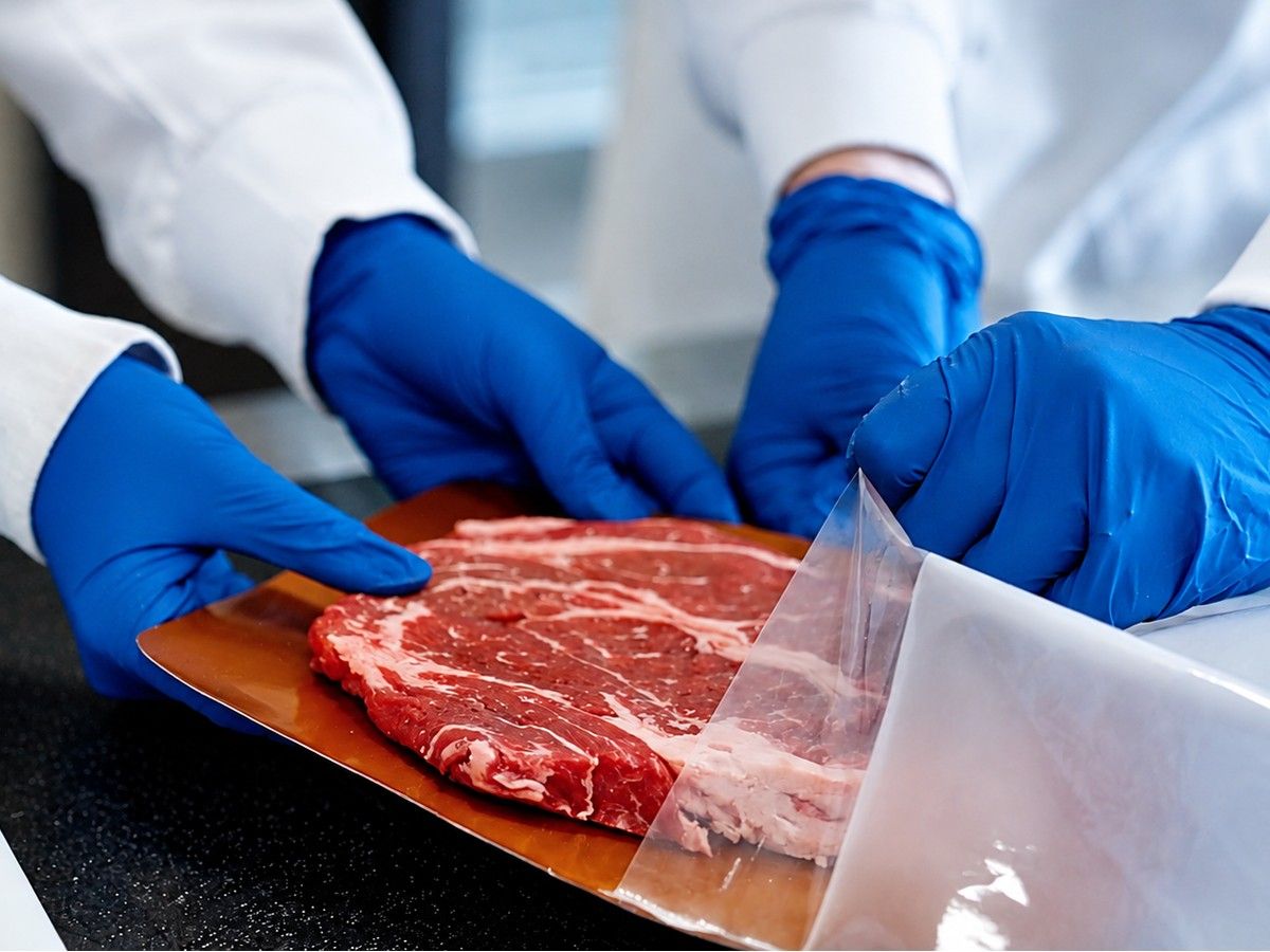 Employees at Freshr Technologies use the company's product to package a piece of beef. - SUPPLIED BY FRESHR TECHNOLOGIES