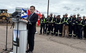Trent Vichie, CEO and founder of EverWind, speaks at the announcement that the company will be adding an AI data centre and additional wind farm capacity to its project in Point Tupper, N.S.