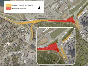 A map of the where work will affect traffic at the Windsor Street Exchange in Halifax overnight on Saturday. - SUPPLIED BY HRM