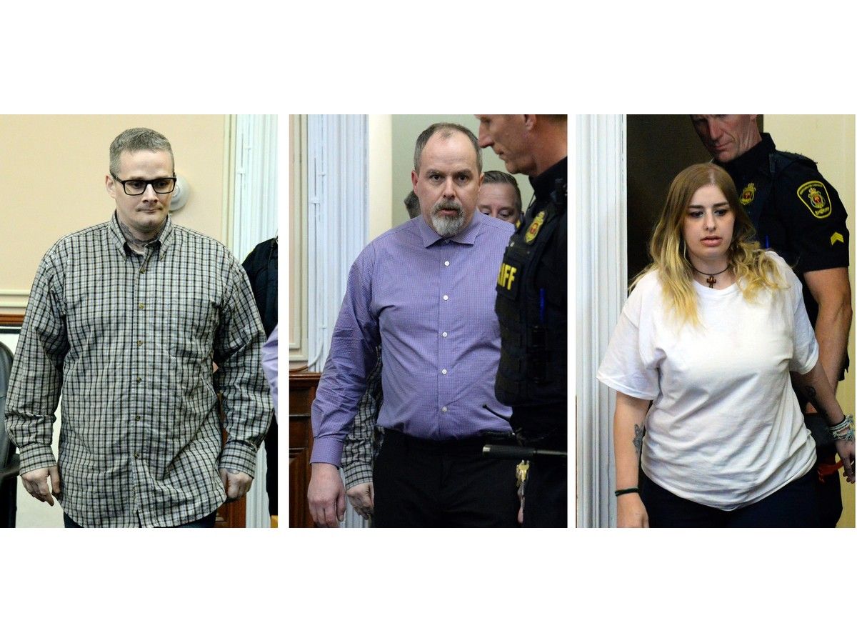 Terry Cole, Matthew Kavanagh and Stephanie Noftall arrive for the start of their first-degree murder trial in the Supreme Court of Newfoundland and Labrador, Oct. 13, 2026. The trio are accused of murdering 42-year-old Michael Fillier of Spaniard's Bay.