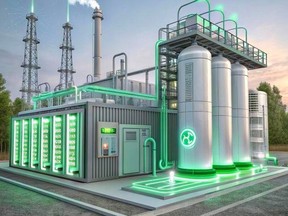 An alkaline electrolyzer system used for industrial green hydrogen production. Aeon Blue, a clean-technology startup, plans to blend carbon dioxide captured from the air with hydrogen electrolyzed from seawater to produce clean aviation fuel.