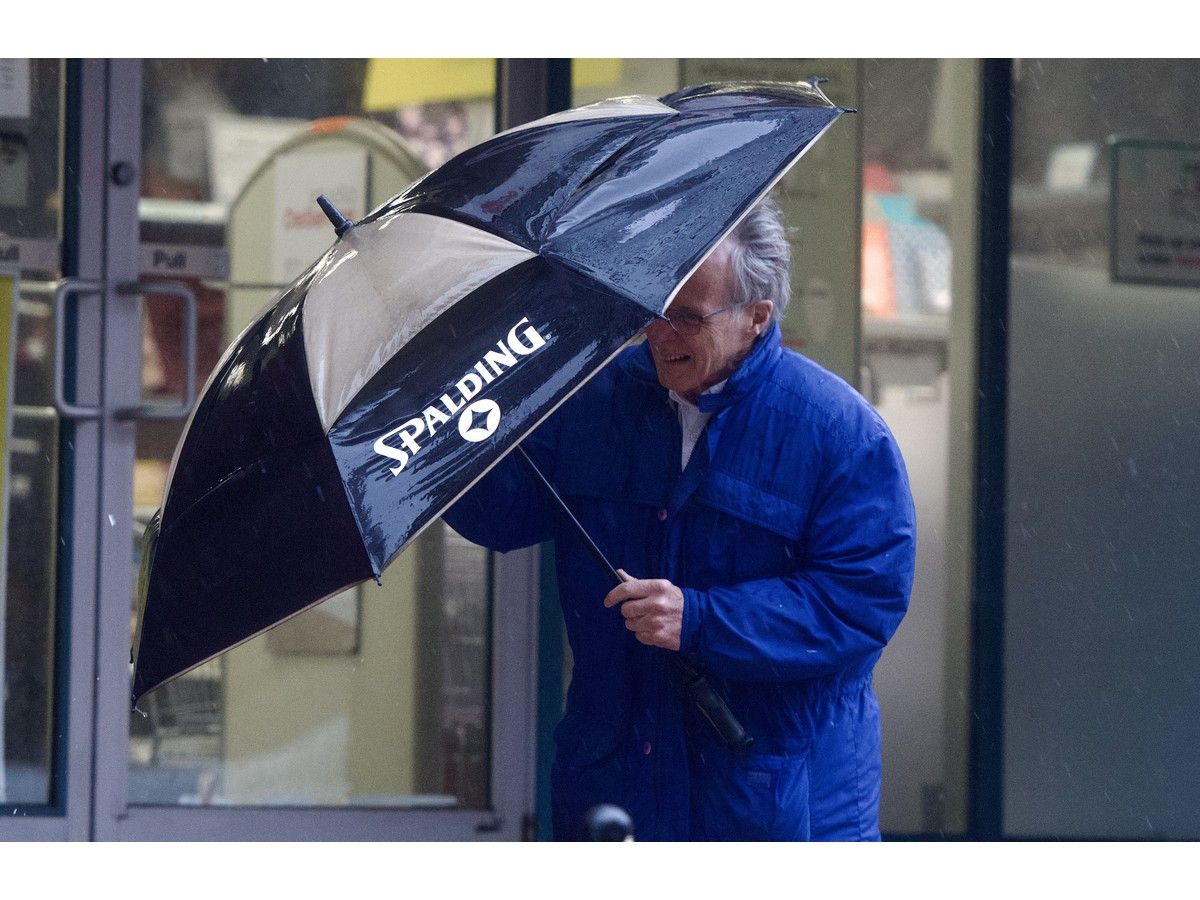 A pedestrian uses an umbrella against the wind on Barrington Street.