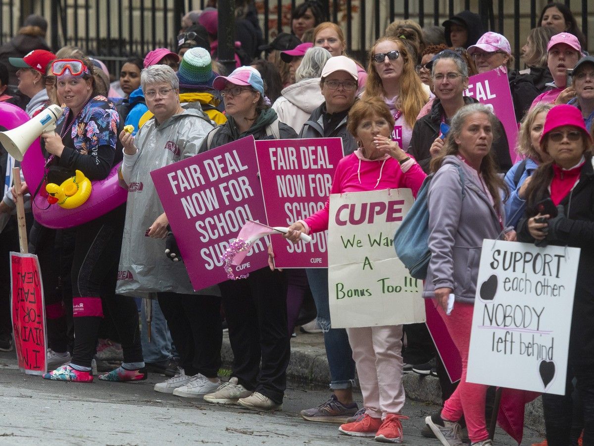 Hundreds of CUPE members and supporters attend a rally on Barrington Street by Province House in Halifax on June 6, 2023. School support workers in the Halifax area had been on strike for nearly a month at that time.