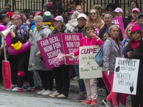 Hundreds of CUPE members and supporters attend a rally on Barrington Street by Province House in Halifax on June 6, 2023. School support workers in the Halifax area had been on strike for nearly a month at that time.