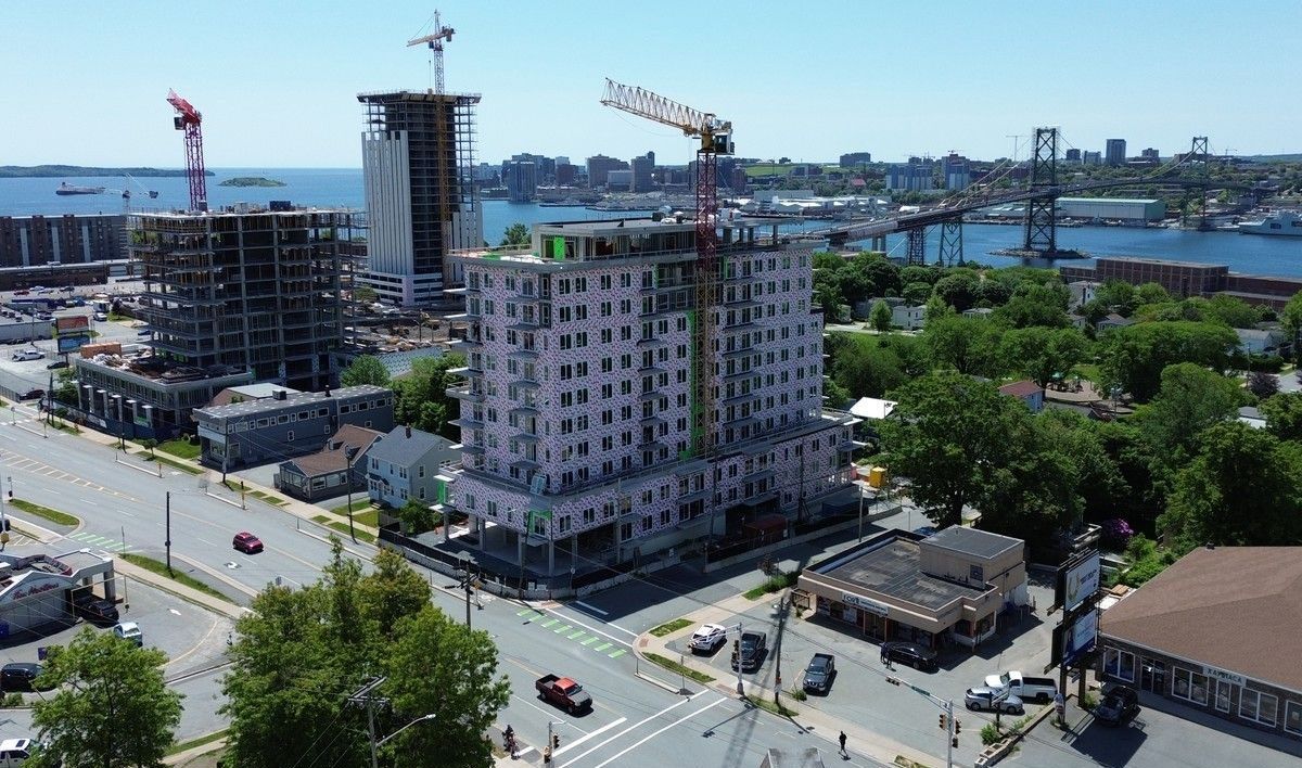 Construction of residential apartments and condos rise up over Wyse Road in Dartmouth, across the harbour from Halifax.