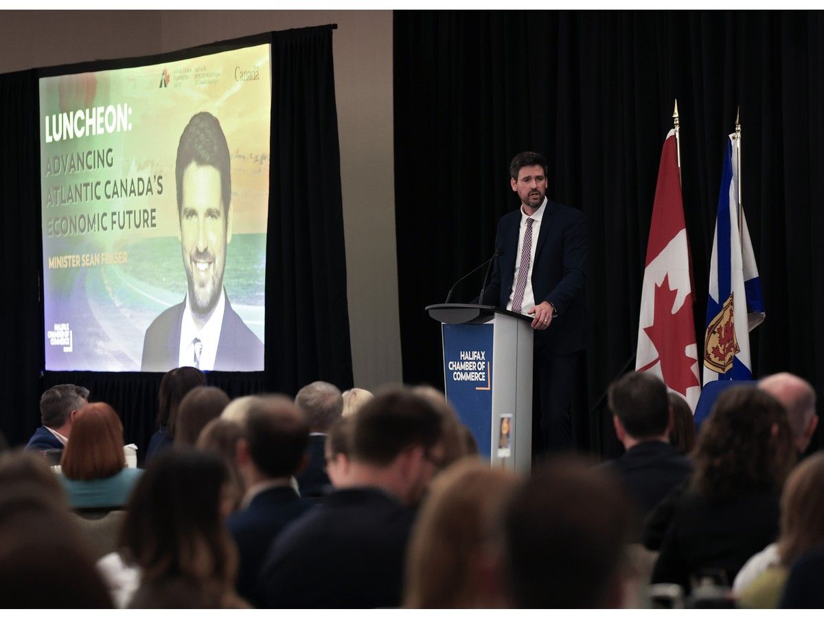 Sean Fraser, Sean Fraser, the minister responsible for the Atlantic Canada Opportunities Agency, speaks to a luncheon gathering for the Halifax Chamber of Commerce in Halifax on Wednesday.