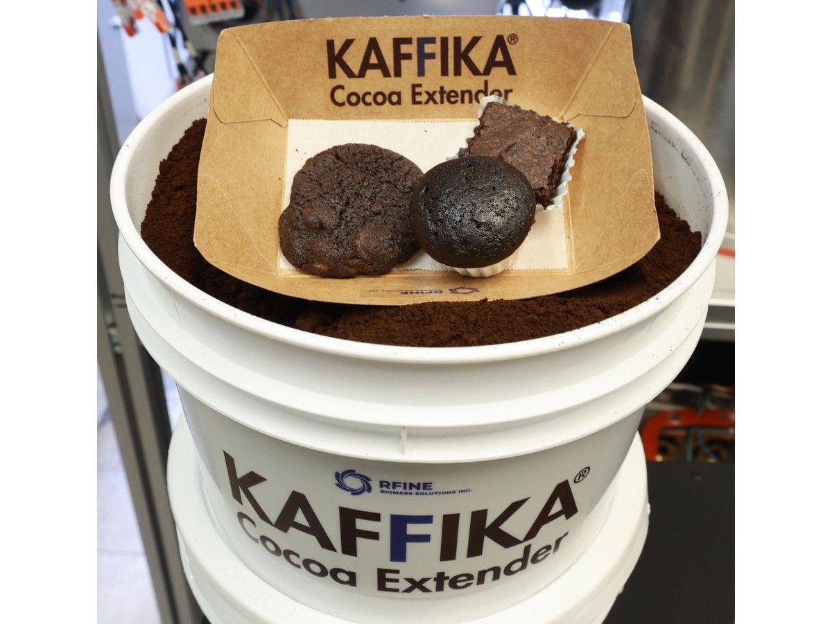 Brownies and cookies made with Kaffika are displayed in the offices of RFINE in Dartmouth on Thursday. The company has developed a process that takes spent coffee grounds and turns them into an alternative for cocoa powder.