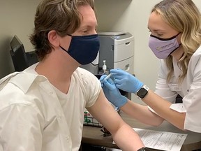 Local MLA Nate Glubish received his first dose of the AstraZeneca vaccine on Wednesday, April 21. As of Thursday, April 22, Alberta Health reported 367 active COVID-19 cases in Strathcona County — 291 in Sherwood Park and 76 in the rural portion of the county. Photo Supplied