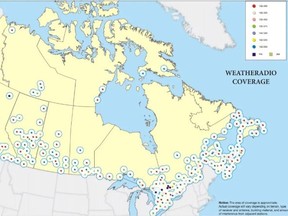 This map shows the location of 230 Environment and Climate Change Canada transmitters dedicated to delivering localized weather reports across the country. The transmitter in Normandale is under consideration for closure. --  ECCC graphic