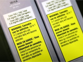 Warning labels on cannabis products sold at the Société québécoise du cannabis outlet on St-Hubert St. in Montreal.