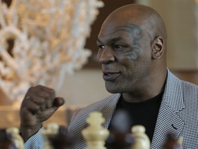 FILE - Mike Tyson in an interview with The Associated Press, in Dubai, United Arab Emirates, Thursday, May 4, 2017.
