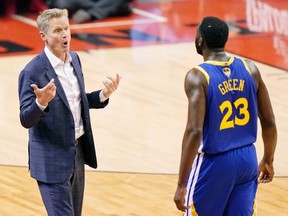 FILE: Jun 2, 2019; Toronto, Ontario, CAN; Golden State Warriors head coach Steve Kerr talks with forward Draymond Green (23) after he was called for a foul against the Toronto Raptors during the second quarter in game two of the 2019 NBA Finals at Scotiabank Arena. Mandatory Credit: Kyle Terada-USA TODAY Sports ORG XMIT: USATSI-404666