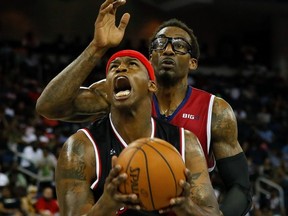 FILE : A'mare Stoudemire #1 of Tri-State defends Al Harrington #3 of Trilogy during week eight of the BIG3 three on three basketball league at Infinite Energy Arena on Aug. 10, 2018 in Duluth, Georgia.