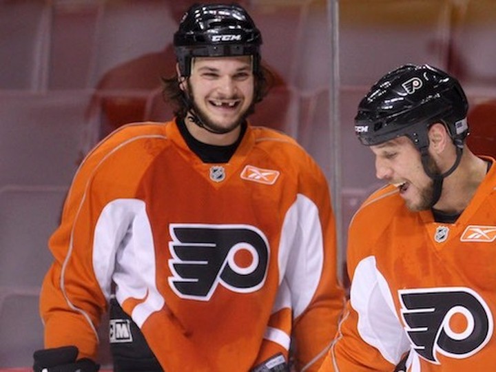  FILE: Riley Cote jokes around with Daniel Carcillo during Philadelphia Flyers game day skate at Wachovia Center in Philadelphia in 2010. / Photo: Alex Urosevic/Toronto Sun/QMI Agency