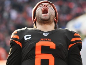 FILE: Cleveland Browns quarterback Baker Mayfield (6) fires up the crowd before the game between the Cleveland Browns and the Cincinnati Bengals during the first half at FirstEnergy Stadium.