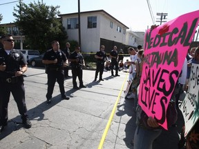 FILE: Medical marijuana advocates and users confront Los Angeles policemen across a police line during a federal Drug Enforcement Administration (DEA) raid of a medicial marijuana dispensary 25 July 2007 in Los Angeles, California.