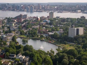 Drone shot of Halifax, Dartmouth, Halifax Harbour and surroundings taken from Banook Lake.