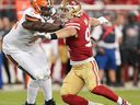 FILE: Nick Bosa #97 of the San Francisco 49ers fights off the block of Greg Robinson #78 of the Cleveland Browns during the third quarter of an NFL football game at Levi's Stadium on Oct.  07, 2019 in Santa Clara, Calif.  /