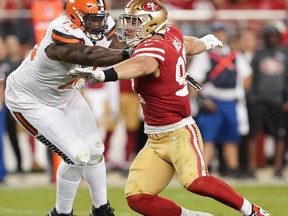 FILE: Nick Bosa #97 of the San Francisco 49ers fights off the block of Greg Robinson #78 of the Cleveland Browns during the third quarter of an NFL football game at Levi's Stadium on Oct. 07, 2019 in Santa Clara, Calif.