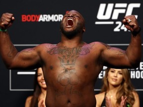FILE: Derrick Lewis yells on the scale during the UFC 247 ceremonial weigh-in at Toyota Center on Feb. 07, 2020 in Houston, Tex. /