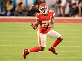 FILE: Bashaud Breeland #21 of the Kansas City Chiefs intercepts a pass against the San Francisco 49ers during the second half in Super Bowl LIV at Hard Rock Stadium on Feb. 02, 2020 in Miami, Fla.