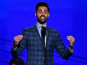 FILE: Hasan Minhaj speaks onstage during the 2019 NBA Awards presented by Kia on TNT at Barker Hangar on June 24, 2019 in Santa Monica, Calif.