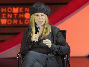 FILE: Singer Barbra Streisand speaks on stage during the Women in the World Summit held In New York on Apr. 23, 2015 in New York City. /