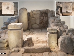 Frontal view of the cella of the shrine at Arad, as rebuilt in the Israel Museum from the original archaeological finds. The inserts show a top−down view of the altars: on the left, the larger altar; on the right, the smaller altar. Note the visible black residue
