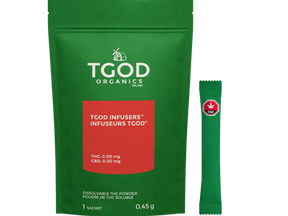 TGOD's new THC Infusers come with 10 mg of THC per pouch, and somehow, a single serving only accounts for  0.03 grams of your 30-gram limit. Photo: The Green Organic Dutchman