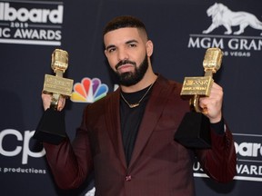 FILE: Rapper Drake poses in the press room during the 2019 Billboard Music Awards at the MGM Grand Garden Arena on May 1, 2019, in Las Vegas, Nev.