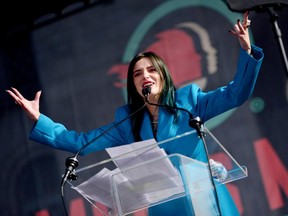 FILE: Actress Bella Thorne speaks at the 4th annual Women's March LA: Women Rising at Pershing Square on January 18, 2020 in Los Angeles, Calif.