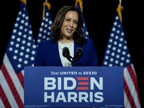 FILE: Democratic presidential candidate former Vice President Joe Biden's running mate Sen. Kamala Harris (D-CA) speaks during an event at the Alexis Dupont High School on Aug. 12, 2020 in Wilmington, Delaware.