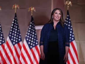 Chair of the Republican National Committee Ronna McDaniel stands on stage in an empty Mellon Auditorium while addressing the Republican National Convention at the Mellon Auditorium on August 24, 2020 in Washington, DC.