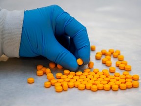 FILE: A Drug Enforcement Administration (DEA) chemist checks confiscated powder containing fentanyl at the DEA Northeast Regional Laboratory on Oct. 8, 2019 in New York. /