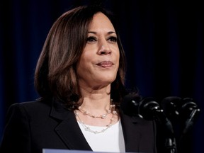 FILE: Democratic Vice Presidential nominee Sen. Kamala Harris (D-CA.), delivers remarks during a campaign event on Aug. 27, 2020 in Washington, DC.