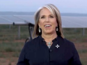 FILE: In this screenshot from the DNCC’s livestream of the 2020 Democratic National Convention, New Mexico Gov. Michelle Lujan Grisham addresses the virtual convention on Aug. 19, 2020.