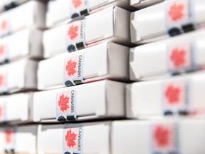 FILE - Cannabis items for sale are seen on October 16, 2018 in a Montreal cannabis store owned by the SQDC (Société québecoise du cannabis), a day before the October 17, 2018 legalization of cannabis in Canada.