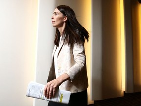 Prime Minister Jacinda Ardern makes an exit after a post cabinet press conference at Parliament on January 29, 2019 in Wellington, New Zealand.