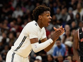 FILE: Bronny James #0 of Sierra Canyon Trailblazers reacts to a call during the first half of the game against the Minnehaha Academy Red Hawks at Target Center on Jan. 04, 2020 in Minneapolis, Minn.