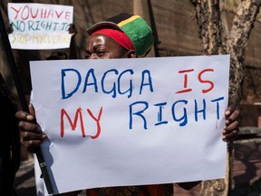 FILE: A man holds a sign reading "Dagga is my right" outside the Constitutional Court in Johannesburg on September 18, 2018, as South Africa's top court is ruling over a law banning cannabis use.