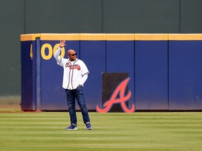 FILE: Former Atlanta Braves player Andruw Jones is introduced as a member of the All Turner Field Team prior to the game at Turner Field on October 2, 2016 in Atlanta, Georgia. /