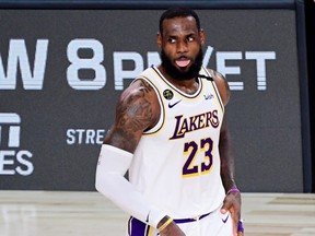 FILE: LeBron James #23 of the Los Angeles Lakers reacts during the fourth quarter against the Miami Heat in Game Six of the 2020 NBA Finals at AdventHealth Arena at the ESPN Wide World Of Sports Complex on Oct. 11, 2020 in Lake Buena Vista, Fla. /