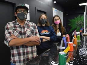 Uncle Sam’s owner Josh Giesbrecht, and employees Kenzie Wilson (centre) and Nicole Bester, who are all Indigenous, are seen in the Uncle Sam’s store in downtown Winnipeg. Dave Baxter/Winnipeg Sun