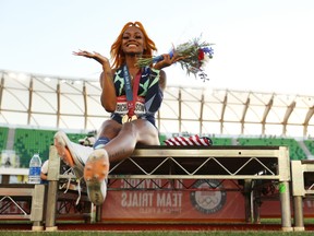 FILE: Sha'Carri Richardson celebrates winning the Women's 100 metre final on day 2 of the 2020 U.S. Olympic Track & Field Team Trials at Hayward Field on June 19, 2021 in Eugene, Ore. /