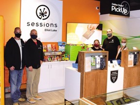 FILE: The staff at Sessions Cannabis in Elliot Lake. Al Duguay, Jason (Jay) Hamilton, Heather Morgan, Chantal Albert and Chris Shantz, recently hosted a food drive for the Elliot Lake Emergency Food Bank. /