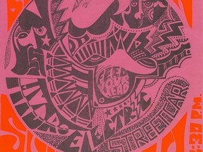 A closeup of a psychedelic music poster for the Vancouver band Hydro Electric Streetcar's performance at Winnipeg's Assiniboine Park on Sunday. Aug. 10, 1969.